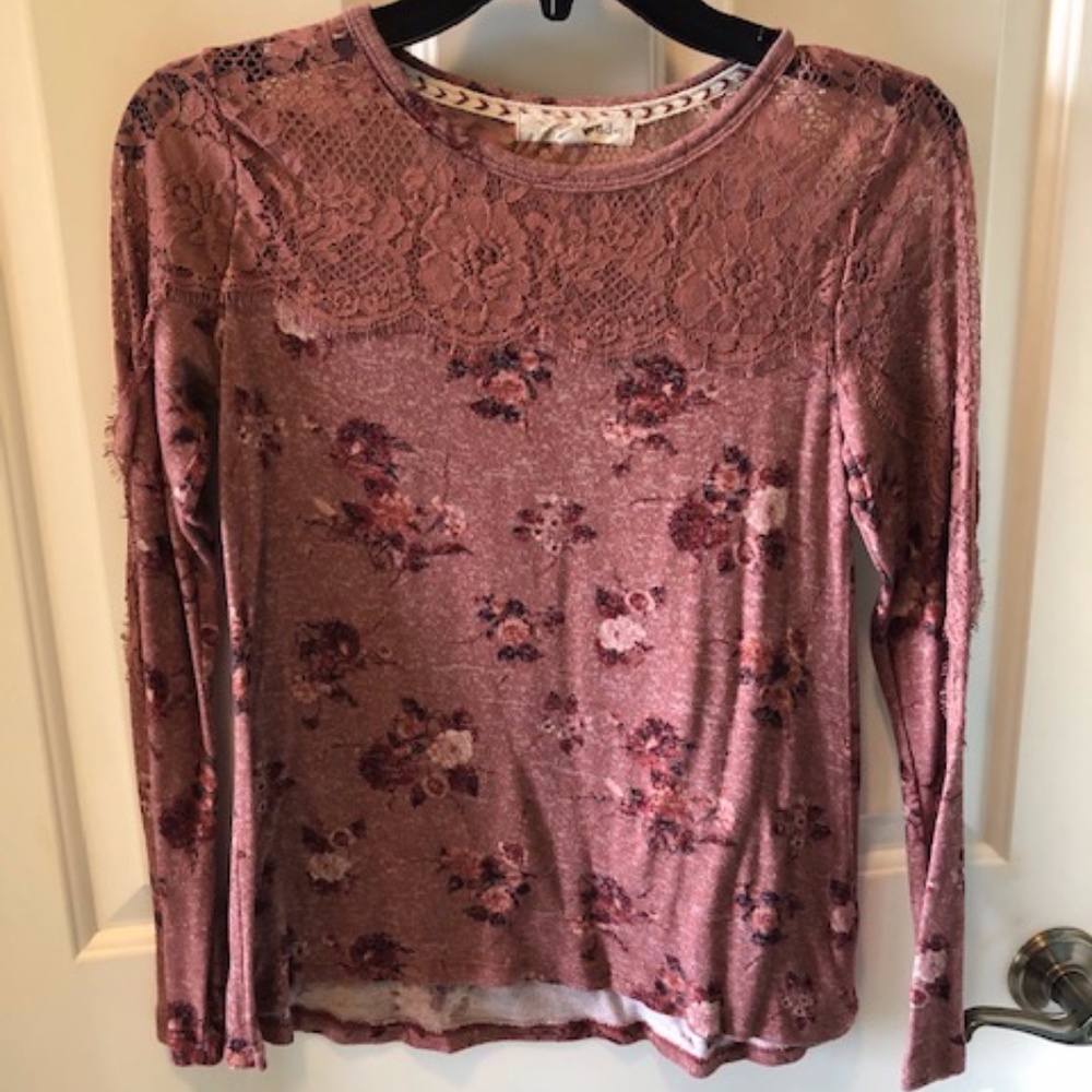 Rose/wine long-sleeve, lace detail, XS. Like new.